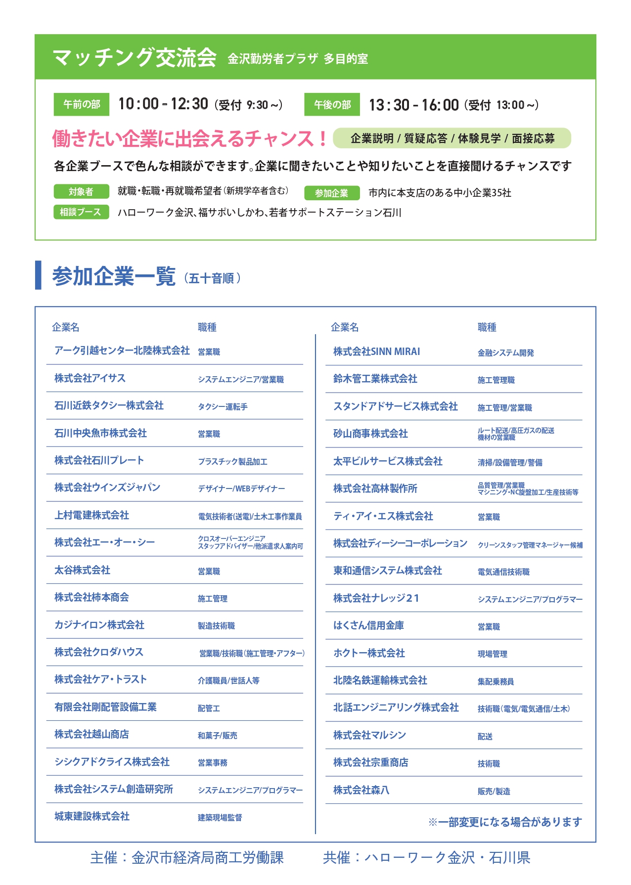 かなざわ就職フェア一般募集一覧